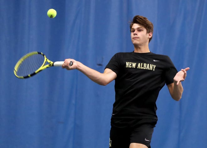 Declan Freedhoff helped New Albany defeat visiting Dublin Jerome in the Ohio Tennis Coaches Association Division I district championship match May 20.