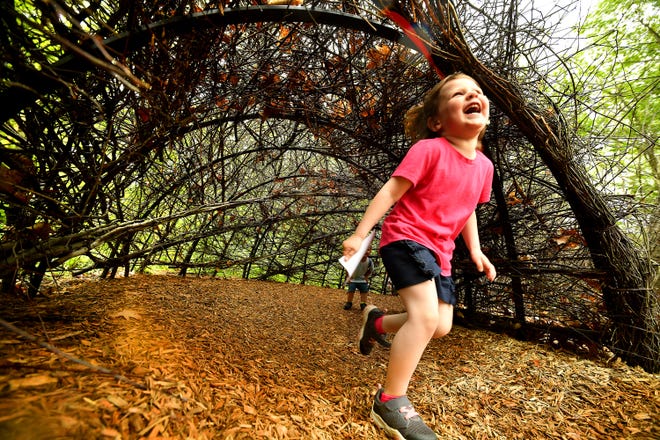 BOYLSTON - Willow Limpert, 3, of Leominister runs ahead of her brother, Jacob, 2, through a tunnel sculpture in The Ramble, New England Botanic Garden at Tower Hill's new 1.5-acre "family garden." 