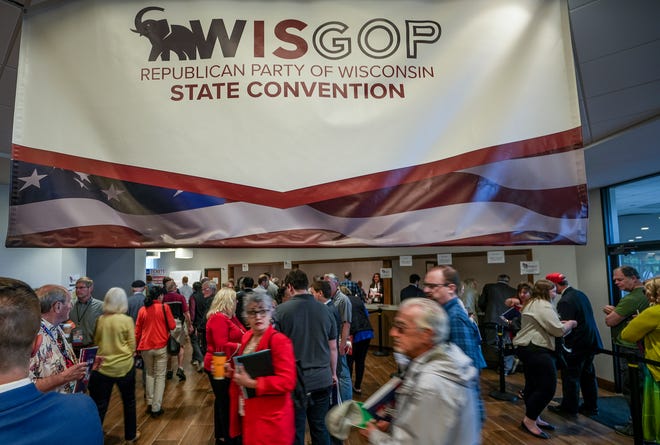 People gather for the Wisconsin Republican Party annual convention Saturday in Middleton.