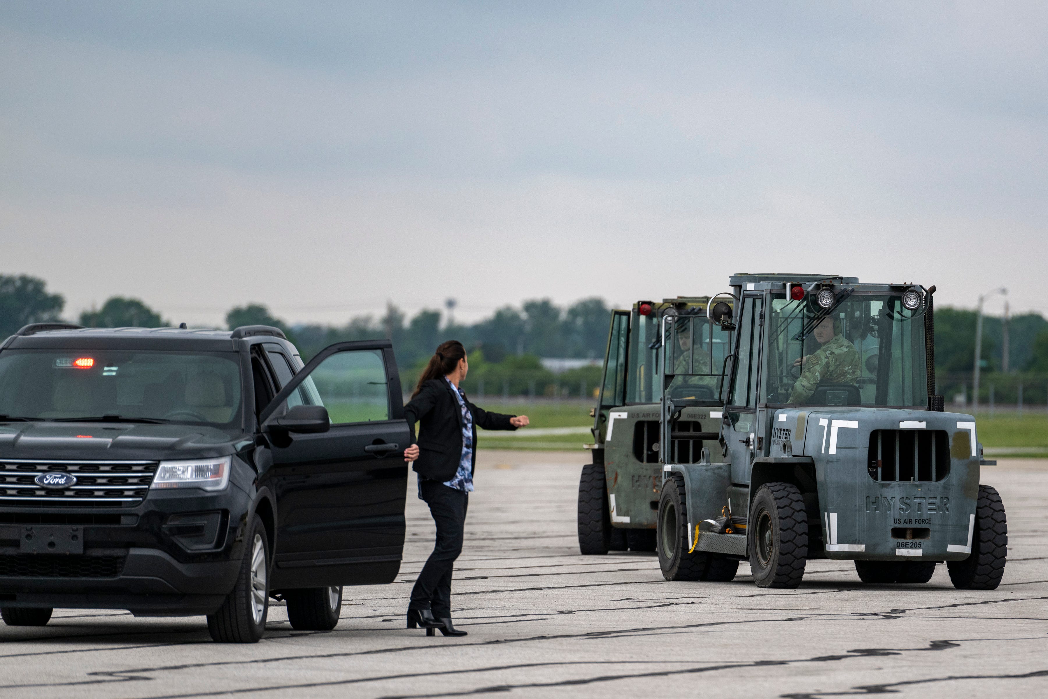 Equipment is positioned on the tarmac in preparation for the arrival of a shipment of baby formula. The arrival of the first shipment of formula brought to the United States under Operation Fly Formula in response to the infant formula shortage caused by Abbott Nutrition’s voluntary recall arrived at the Indianapolis International Airport, Sunday, May 22, 2022, on a Air Force C-17.