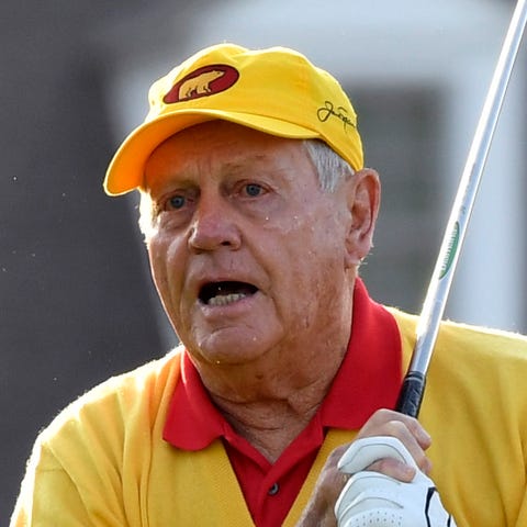 Honorary starter Jack Nicklaus hits his ceremonial