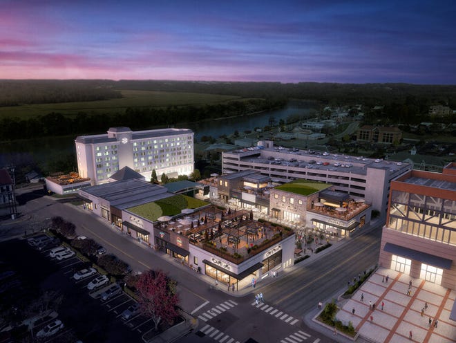 Artist rendering of Riverview Square development with its revamped Hilton hotel, stores and restaurants, and a privately-managed parking garage.