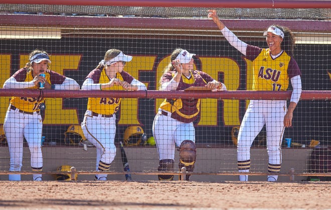 Arizona State junior infielder Jordyn VanHook (17) cheers on her team from the dugout during the Tempe Regionals Championship at Farrington Stadium in Tempe on May 22, 2022.
