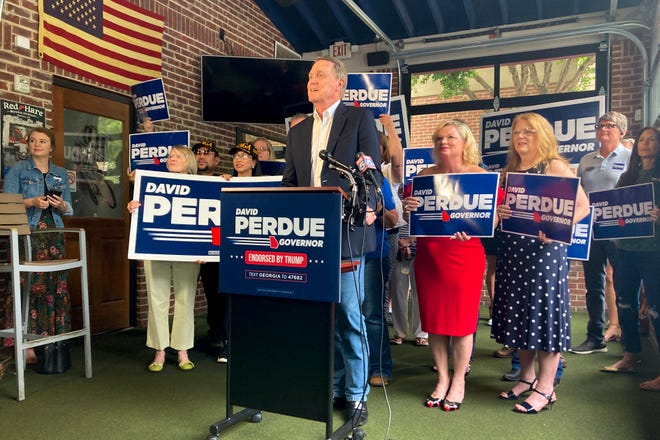 Republican candidate for Georgia governor and former U.S. Sen. David Perdue speaks in Dunwoody, Ga. on Monday, May 23, 2022. (AP Photo/Sudhin S. Thanawala) ORG XMIT: GAST102
