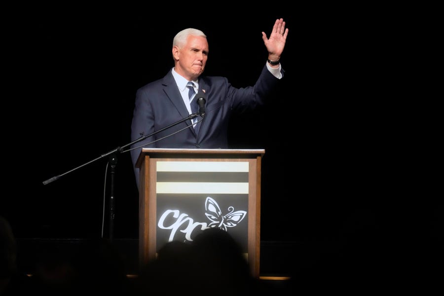 Former Vice President Mike Pence speaks at a fundraiser for Carolina Pregnancy Center on Thursday, May 5, 2022, in Spartanburg, S.C. Pence will campaign with Georgia's incumbent Republican Gov. Brian Kemp.