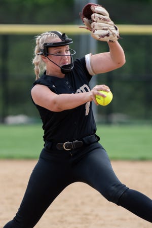Archbishop Wood's Dakota Fanelli winds up for a pitch in the Philadelphia Catholic League softball championship game against Conwell-Egan at Neumann University in Aston on Monday, May 23, 2022. The Vikings took home the title with a 3-2 win over the Eagles.