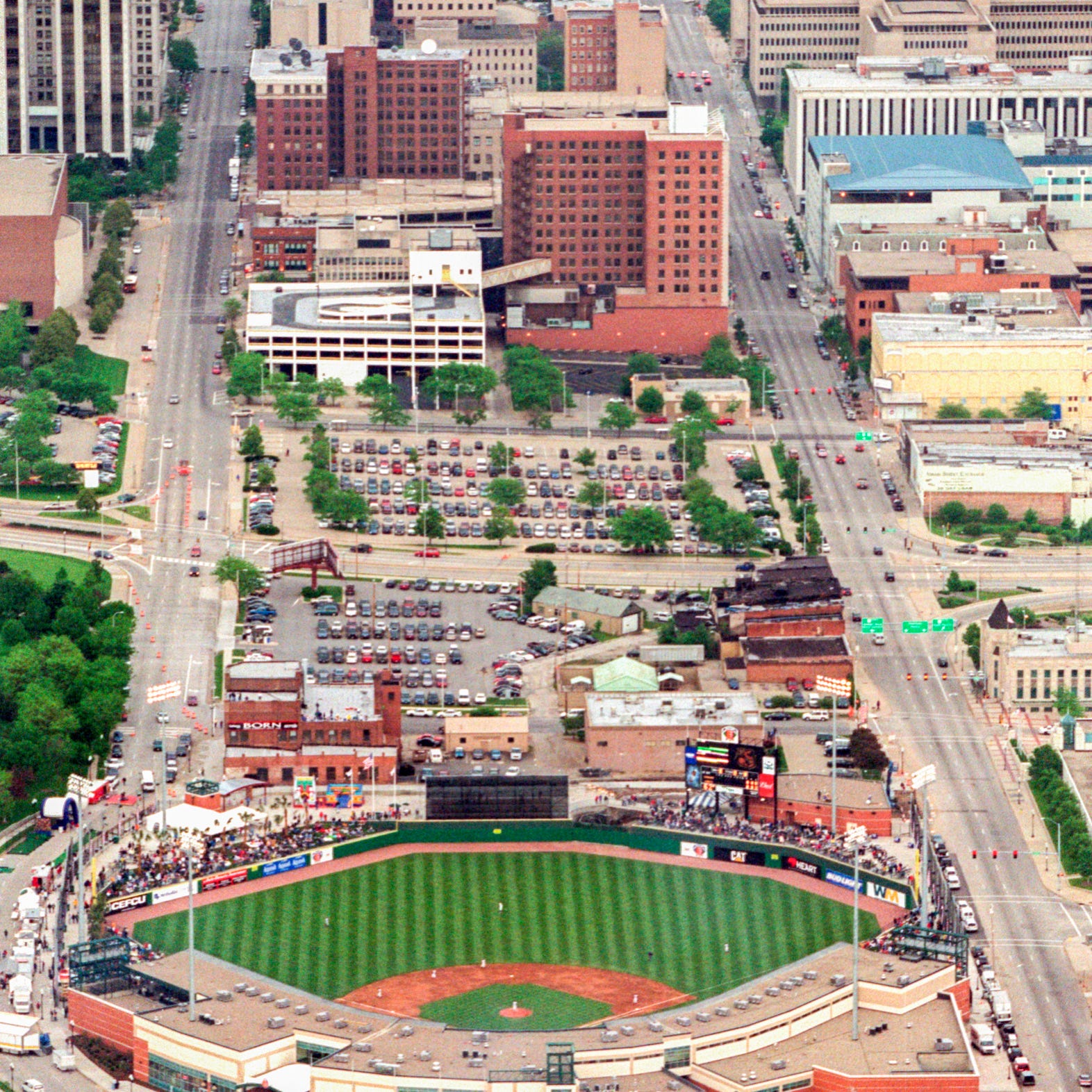 In this Journal Star file photo from May 24, 2002, an aerial view shows the 6,500-seat O'Brien Field and its location in downtown Peoria on the night of its debut.