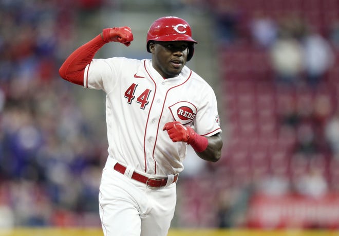 Cincinnati Reds' Aristides Aquino runs the bases after his two-run home run against the Chicago Cubs during the sixth inning of a baseball game in Cincinnati, Monday, May 23, 2022.