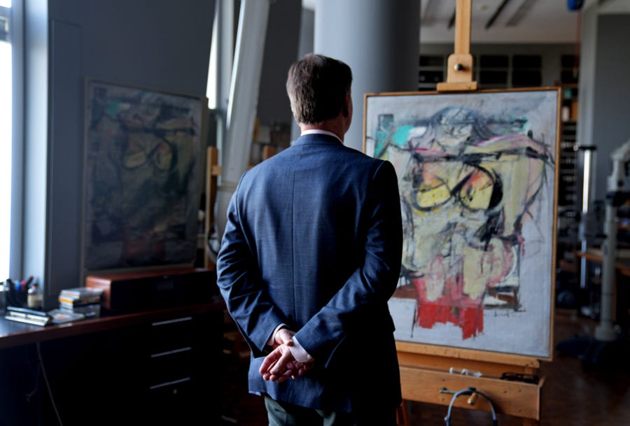 May 23, 2022; Los Angeles, CA, US;  Ulrich Birkmaier, senior conservator of paintings at the Getty Museum,    in Los Angeles, does conservation work on "Woman-Ochre," an oil-on-canvas painting by Willem de Kooning. Mandatory Credit: Cheryl Evans-Arizona Republic
