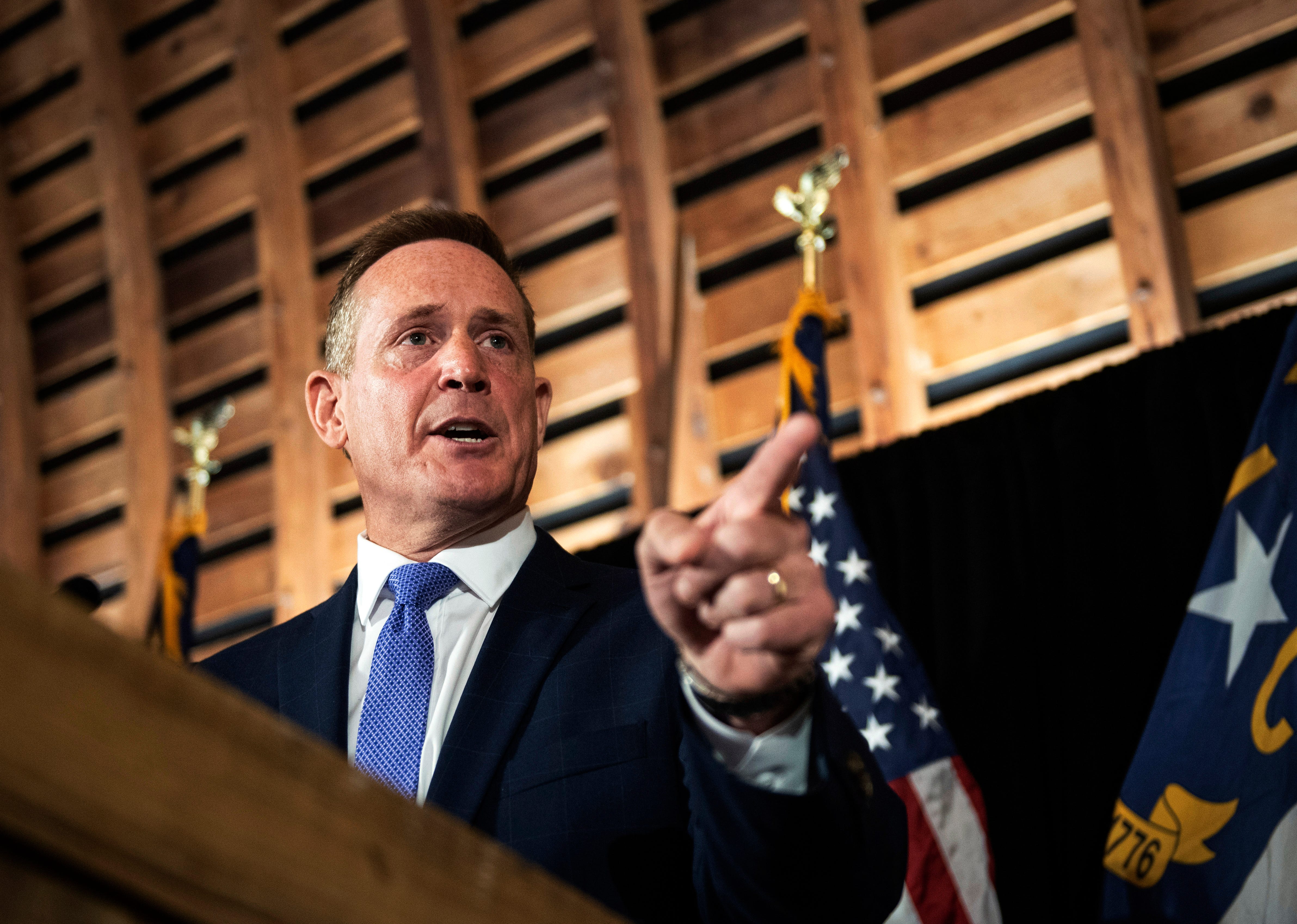 Ted Budd, Republican candidate for U.S. Senate, speaks during an election watch party on Tuesday, May 17, 2022, at WinMock at Kinderton in Bermuda Run, N.C.