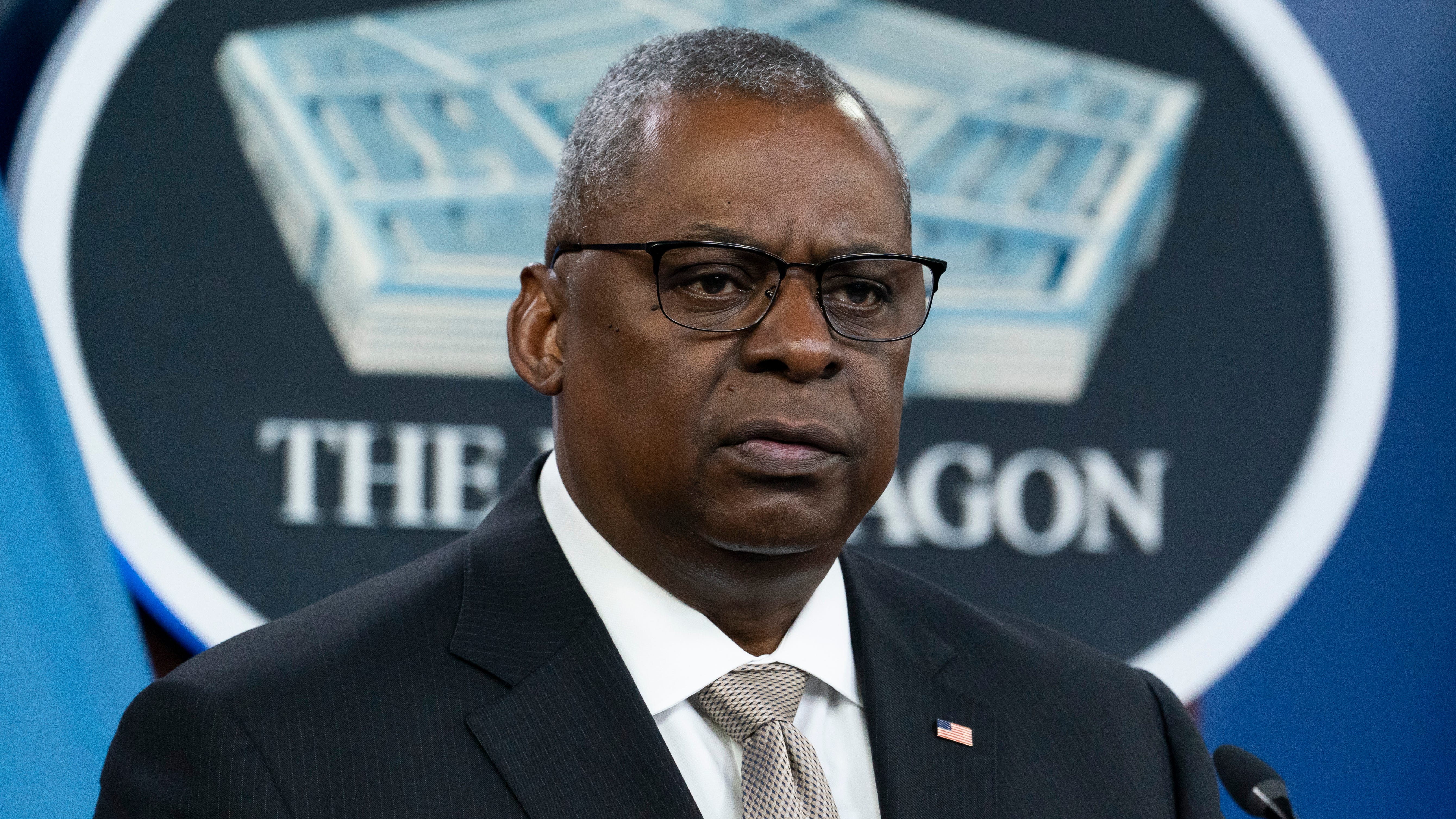 Secretary of Defense Lloyd Austin speaks with reporters after a virtual meeting of the Ukraine Defense Contact Group at the Pentagon, Monday, May 23, 2022, in Washington. (AP Photo/Alex Brandon) ORG XMIT: DCAB125