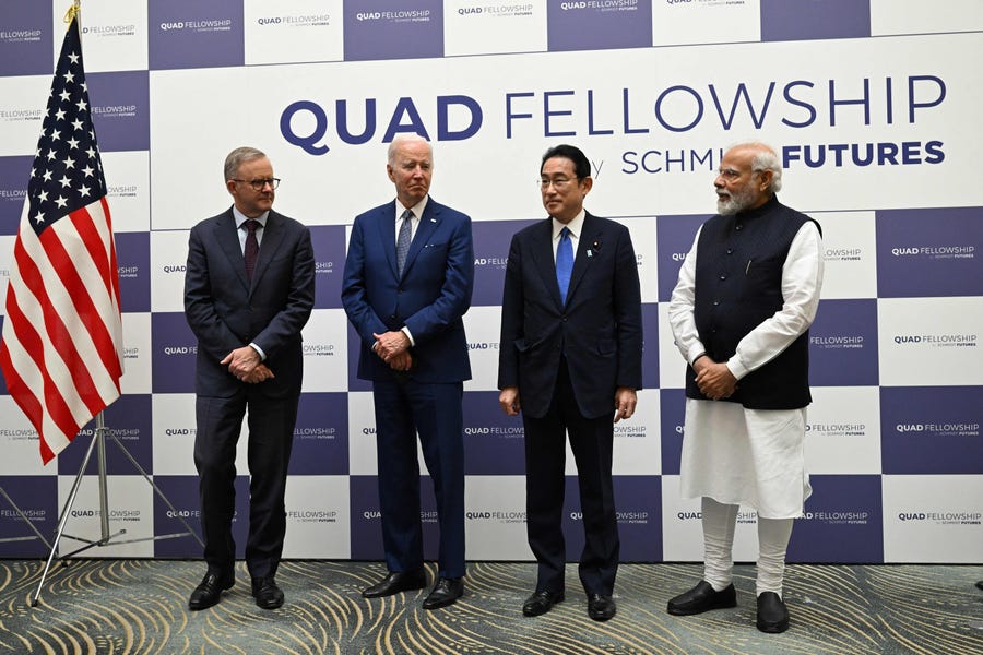 From left to right, Australian Prime Minister Anthony Albanese, President Joe Biden, Japanese Prime Minister Fumio Kishida and Indian Prime Minister Narendra Modi announce a scholarship program that will bring together American, Japanese, Australian and Indian masters and doctoral students in science, technology, engineering, and mathematics (STEM) to study in the United States. The announcement came at the Quad Leaders Summit in Tokyo on Tuesday, May 24, 2022