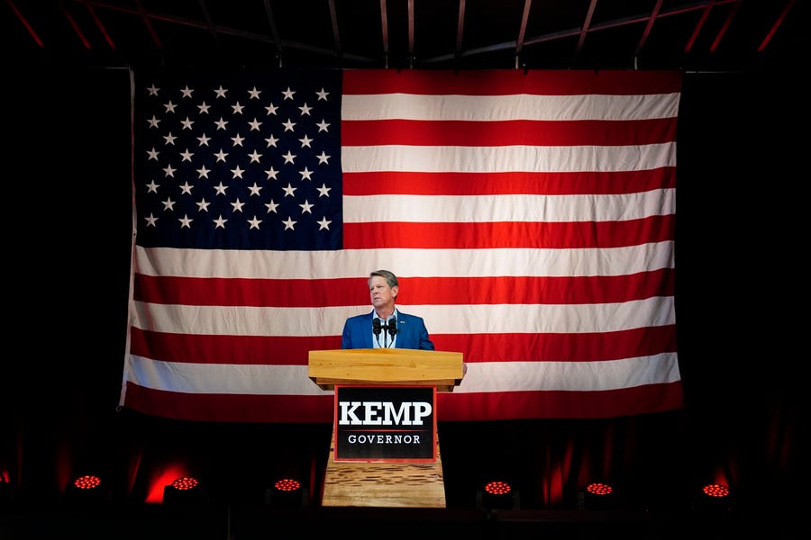 Georgia Gov. Brian Kemp speaks during a Get Out the Vote Rally on the eve of gubernatorial and other primaries in the state, on Monday, May 23, 2022, in Kennesaw, Ga.