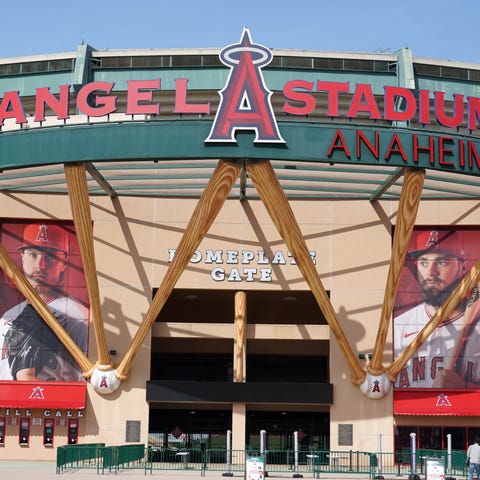 A view of the Angel Stadium façade on April 11, 20