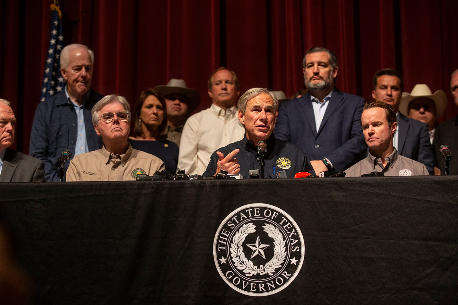 Gov. Greg Abbott speaks during the May 25 press conference after the shooting at Uvalde's Robb Elementary School in which he praised law enforcement officials as having shown "amazing purpose by running toward the gunfire with the singular purpose of trying to save lives.”