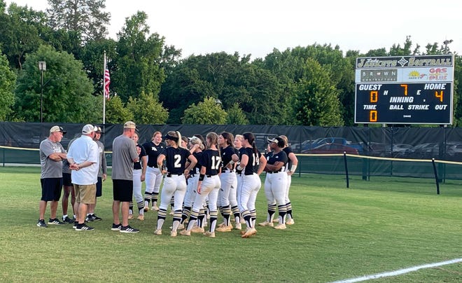 The North Augusta softball team gathers after defeating Catawba Ridge 4-0 in Game 1 of the SCHSL 4A state championship Tuesday night. Yellow Jacket starting pitcher Katelyn Cochran allowed just one hit and struck out 16 batters, while driving in all four runs in the win.