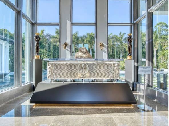 The home at 12400 Hautree Court is on the market in Palm Beach Gardens for $30 million. It was built for a collector of antiquities and includes bulletproof display cases, a secret room, a hurricane safe room with one foot of steel reinforced concrete surrounding it, $25,000 skull doorknobs and 30 doors that cost $10,000 each. Contributed by Echo Fine Properties