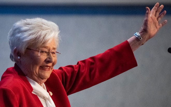 Alabama Gov. Kay Ivey declares victory in her Republican primary race while speaking at her election watch party in Montgomery, Ala., Tuesday, May 24, 2022. 