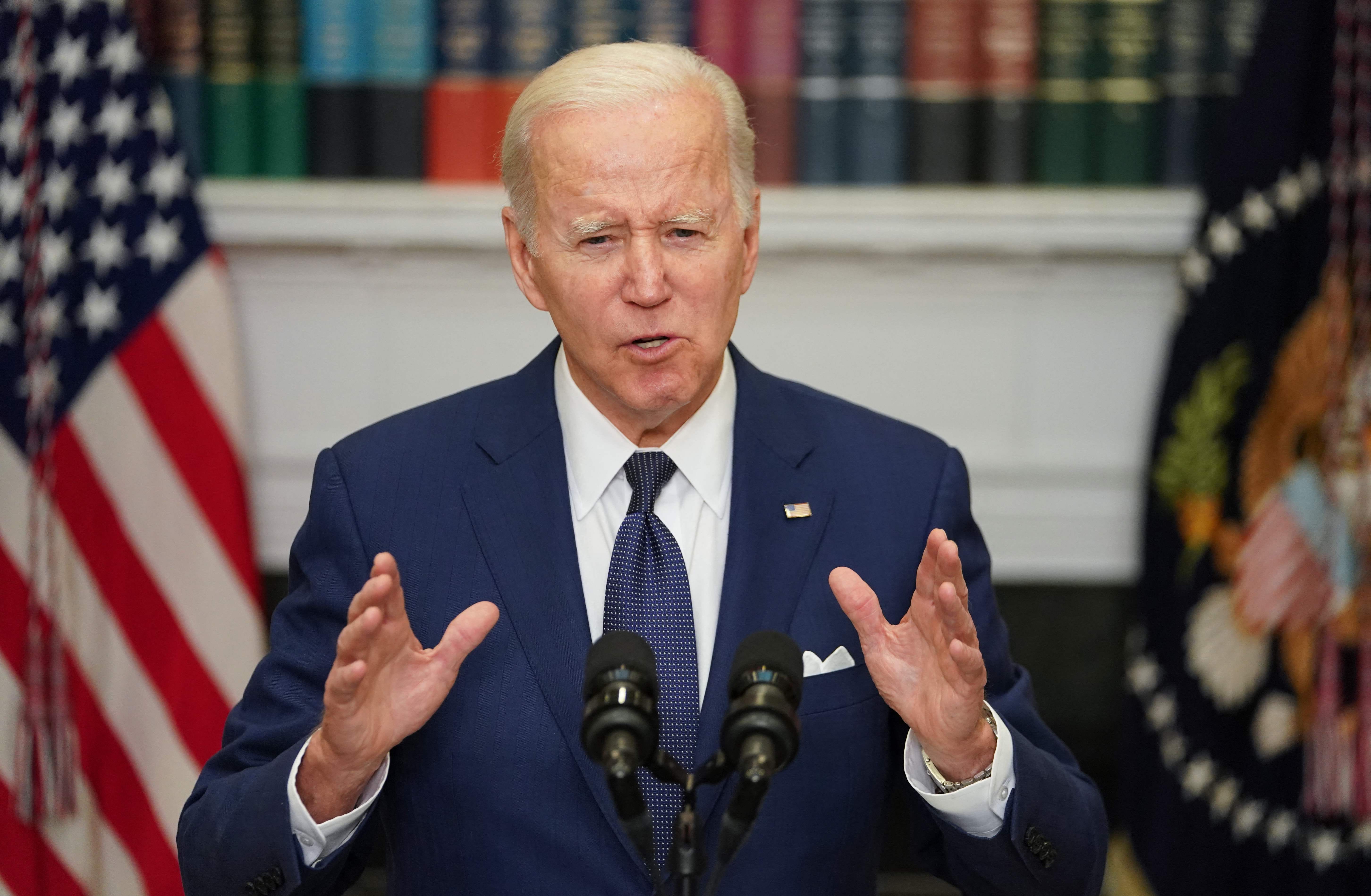 President Joe Biden delivers remarks in the Roosevelt Room of the White House in Washington on Tuesday after a gunman shot dead 19 children and two teachers at an elementary school in Texas.