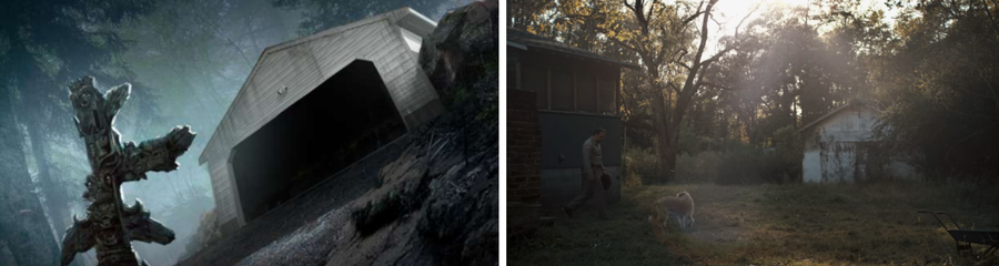 LEFT: A copyrighted illustration of Jackson and Autumn Chance's backyard in "Totem." RIGHT: Joyce and Will Byers' backyard, seen in "Stranger Things" Season 1, Episode 1.
