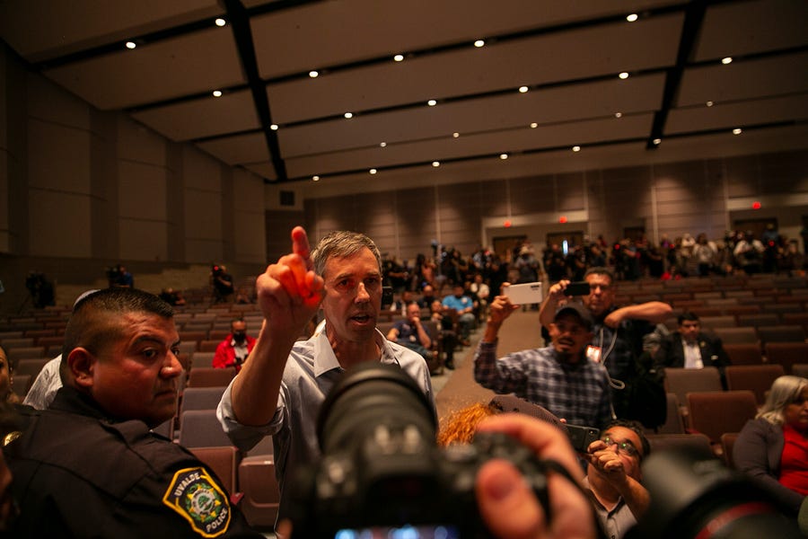 Beto O'Rourke addresses officials during the press conference on Wednesday, May 25, 2022 following the shooting at Robb Elementary School in Uvalde, Texas.