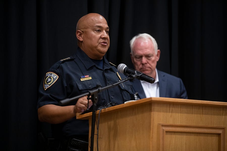 May 24, 2022; Uvalde, TX, USA; Uvalde police chief Pete Arredondo speaks at a press conference following the shooting at Robb Elementary School in Uvalde, Texas on Tuesday, May 24, 2022. The shooting killed 18 children and 2 adults. Mandatory Credit: Mikala Compton-USA TODAY NETWORK ORIG FILE ID:  20220524_ajw_usa_075.JPG