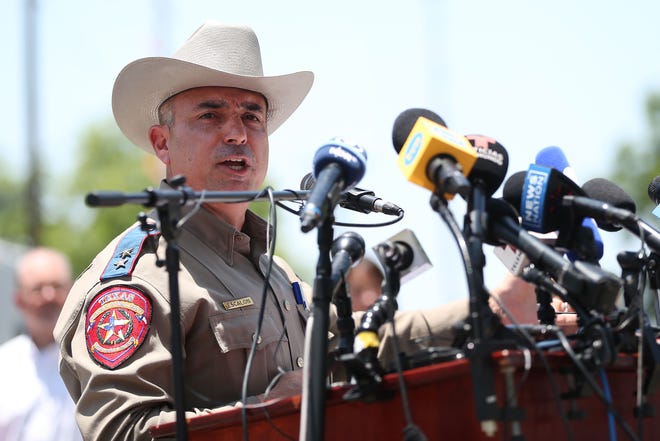 Texas Public Safety Department official Victor Escalon speaks May 26 at a news briefing in Uvalde, Texas.  At least 19 students and two adults died in a shooting at a Robb Elementary School, marking the deadliest school shooting in the state's history.