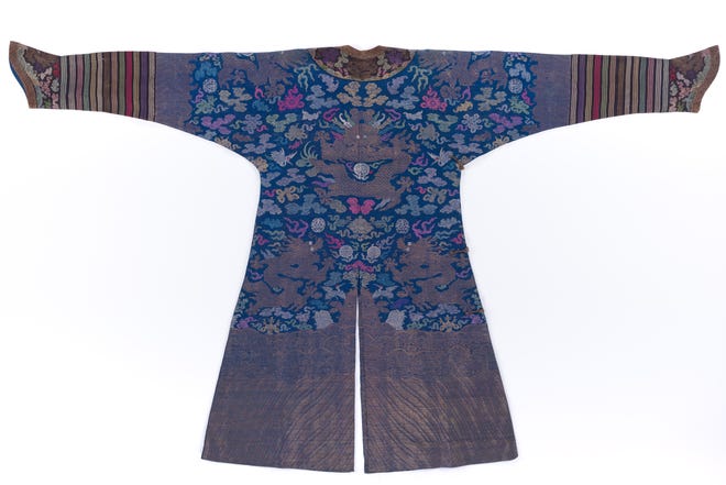 Rear view of a Chinese official's semi-formal summer court dragon robe (c. 1850), Qing Dynasty.