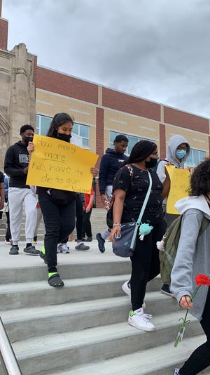 Camden High School students hold a planned protest against gun violence on the steps of the Park Boulevard building Thursday, moments after the Superintendent announced increased police pressence in city public schools, May 26, 2022.