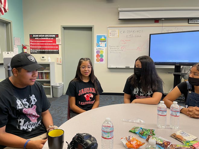 Thomas Jefferson Middle School students, from left, D'Artagnan Leon-Montano, Romina Lopez Mendoza, Cassandra Herrera and Keanna Atchison discuss their experiences during the pandemic.
