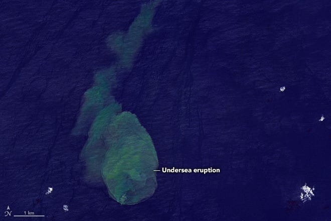 Image taken from the Operational Land Imager 2 on the Landsat 9 satellite of the Kavachi Volcano eruption on May 14.