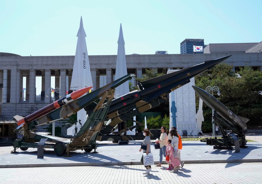 South Korean and U.S. missiles are displayed at Korea War Memorial Museum in Seoul, South Korea, Thursday, May 26, 2022.