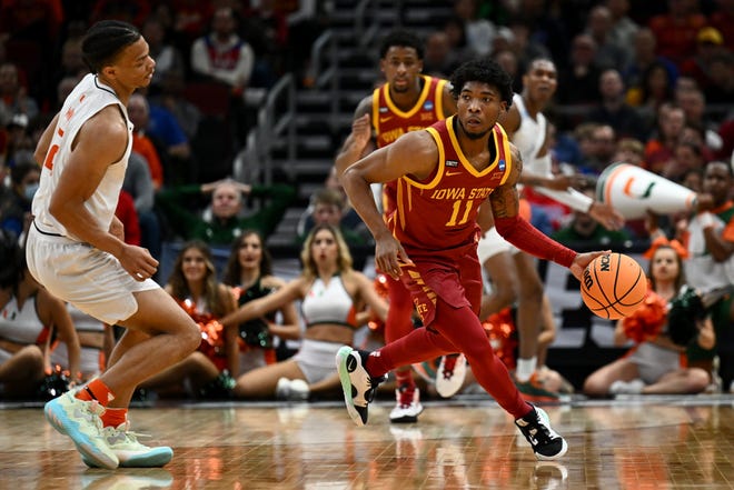 Iowa State point guard Tyrese Hunter, right, was the 2021-22 Big 12 freshman of the year. But the Cyclones star announced Friday he was transferring to Texas, where he'll pair with returning guard Marcus Carr to give the Longhorns a dynamic backcourt.