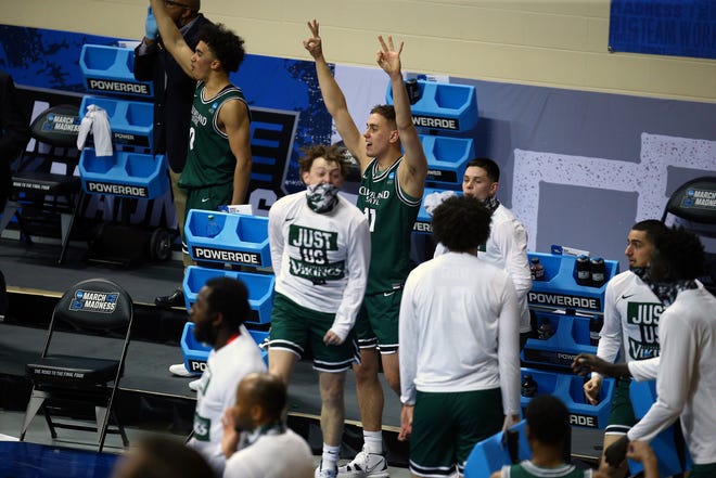 Mar 19, 2021; Bloomington, Indiana, USA; Cleveland State Vikings bench reacts against the Houston Cougars during the first half in the first round of the 2021 NCAA Tournament at Simon Skjodt Assembly Hall.