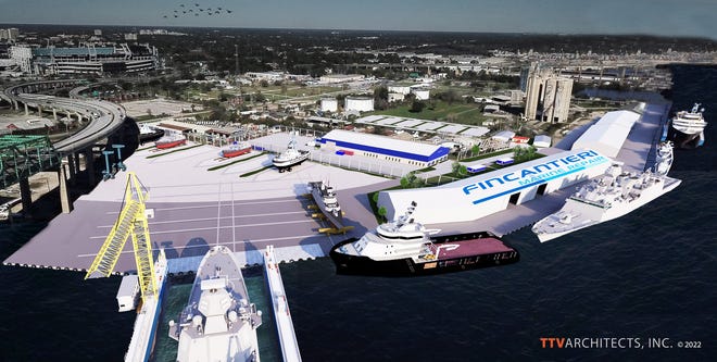 A rendering shows the new drydock that will be installed by Fincantieri Marine Repair for working on bigger ships at its site next to the Hart Bridge near downtown Jacksonville. Fincantieri released the renderings during a groundbreaking event Friday for its planned $30 million investment in Jacksonville and plans to hire 300 people by 2028.