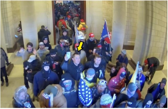 This screenshot from U.S. Capitol surveillance footage was among the evidence against Levi Roy Gable. The FBI reports Gable is the man marked with a yellow arrow by the Rotunda Door at 2:46 p.m. Jan. 6, 2021.