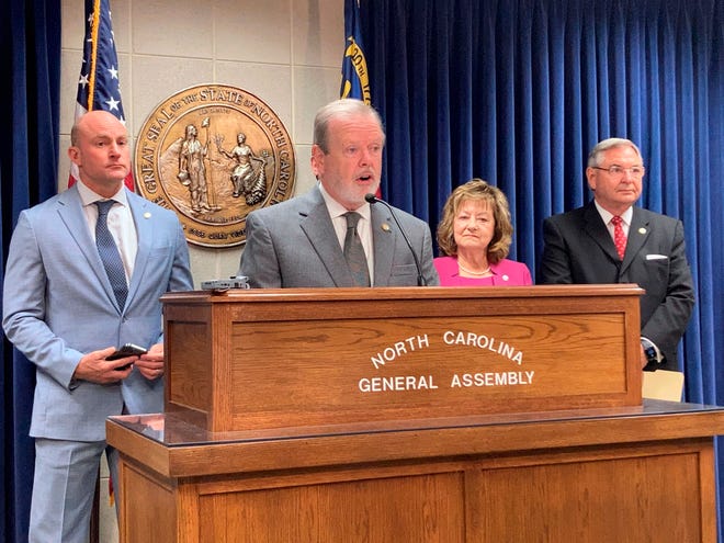 North Carolina Senate leader Phil Berger, R-Rockingham, speaks on Wednesday, May 25, 2022, at a Legislative Building news conference in Raleigh, N.C. Berger and other Republican senators discussed new health care legislation that would direct the state to accept Medicaid expansion coverage for hundreds of thousands of low-income adults. Berger had been a longtime expansion opponent. (AP Photo/Gary D. Robertson)