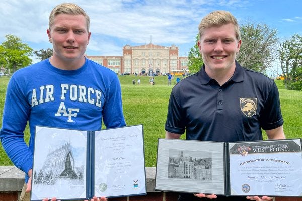 Cole Norris, left, will be a cadet at the United States Air Force Academy at Colorado Springs while his twin brother Hunter will attend the United States Military Academy at West Point.