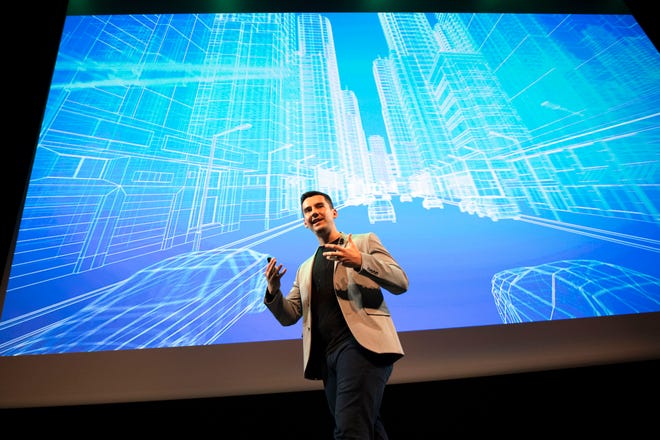 Dragos Stanciu, CEO of Grayscale AI, presenting at the Techstars Industries of the Future Demo Day at the University of Tennessee Student Union Auditorium in Knoxville, Tenn. on Thursday, May 26, 2022. 