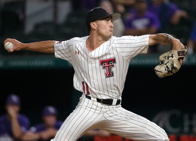 Texas Tech's Andrew Devine (11) pitches against Kansas State in an elimination game of the Big 12 baseball tournament, Friday, May 27, 2022, at Globe Life Field in Arlington.  Kansas State won, 6-5, in 11 innings.