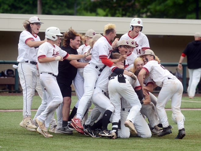 Players dogpile on the field following Liberty Union's 10-0 win in five innings against Galion Northmor on Friday in a Division III district final at Mount Vernon Nazarene. The Lions advanced to play Ridgewood in the regional semifinals.