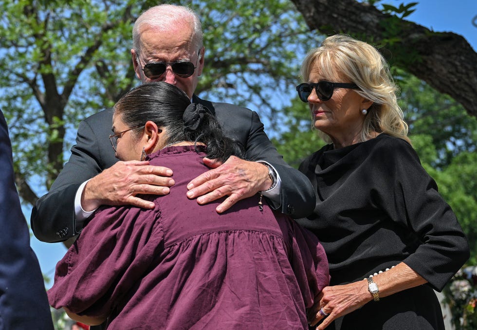 President Joe Biden embraces Mandy Gutierrez, the Priciple of Robb Elementary School, as he and First Lady Jill Biden in Uvalde, Texas.
