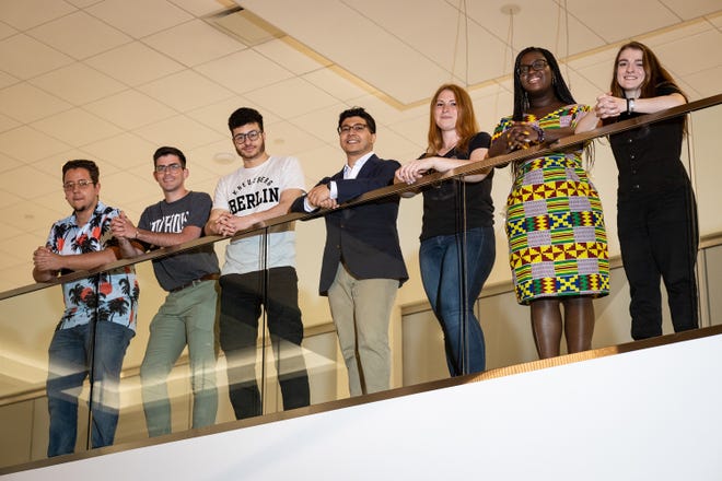 Seven of 11 students who were honored by their colleges for their academic work as well as their volunteer efforts in the community: from left, Thiago Zakaitis, Kevin Chetwynd, Omar Afifi, Mina Botros, Ashley Garcia, Esther Konadu, and Shayla DeGeorge.