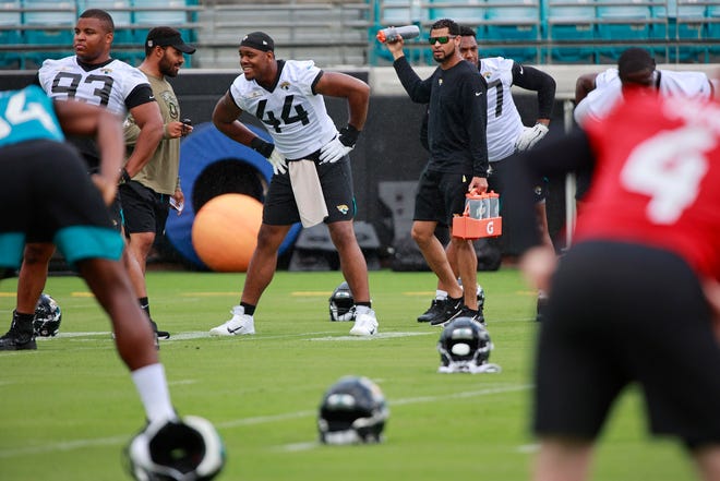Jacksonville Jaguars outside linebacker Travon Walker (44) participates in an offseason training activity Tuesday, May 31, 2022 at TIAA Bank Field in Jacksonville. [Corey Perrine/Florida Times-Union]