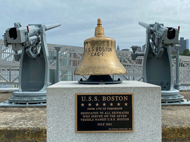 This memorial at the Charlestown Navy Yard honors all the people who served on the seven ships named the USS Boston.