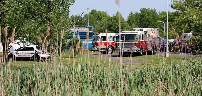 Police and fire units are shown at the Middletown Township Sewerage Authority in Belford Tuesday, May 31, 2022.  They had responded for a man who had fallen into a tank there.