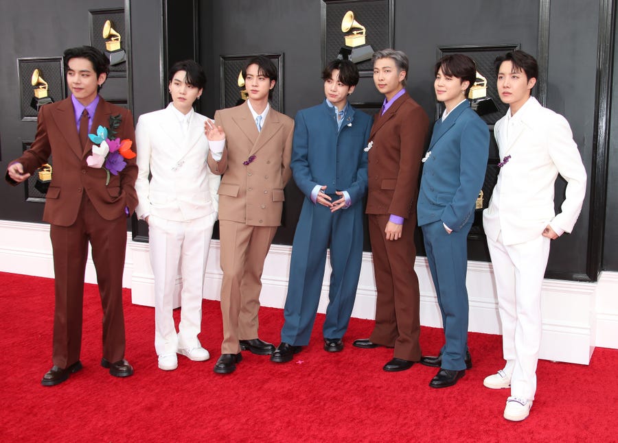 BTS arrive at the 64th Annual Grammy Awards at the MGM Grand Garden Arena in Las Vegas, Nevada, on April 3, 2022.