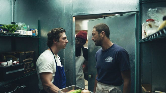 Jeremy Allen White as Carmen 'Carmy' Berzatto, Lionel Boyce as Marcus and Ebon Moss-Bachrach as Richard 'Richie' Jerimovich in "The Bear."