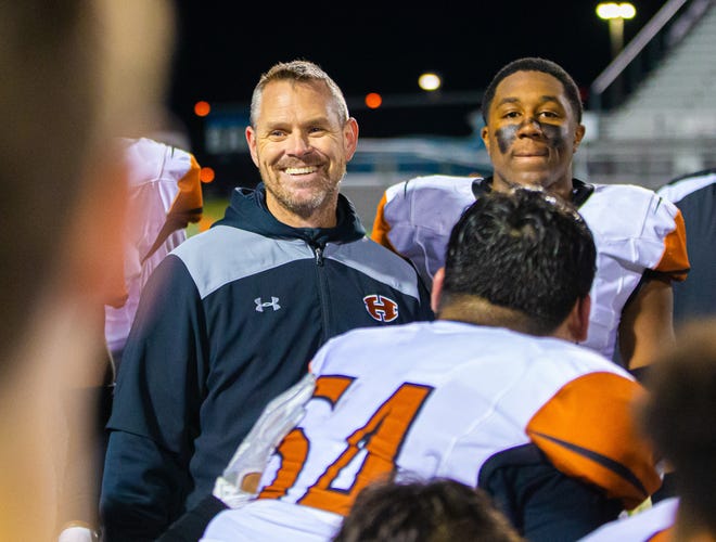 Hutto football coach Brad LaPlante cracks a smile after his team's playoff game against Shadow Creek in 2019. LaPlante who has spent the past four seasons as the school district's head football coach and athletic director, will move into a full-time role as athletic director for the fast-growing school district in Williamson County.