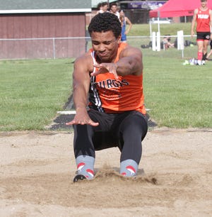 Jamiel Brown of Sturgis leaped better than 21 feet to win the county championship in the long jump on Tuesday in Three Rivers.